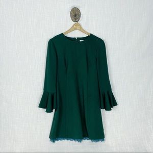Trina Turk Green Bell Sleeve Lace Hem Shift Dress